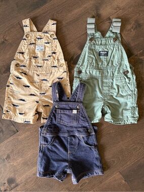OshKosh B'gosh Trio of Toddler Short Overalls in Green, Navy and Tan